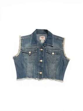 Roper Blue Denim Cropped Vest with Frayed Edges
